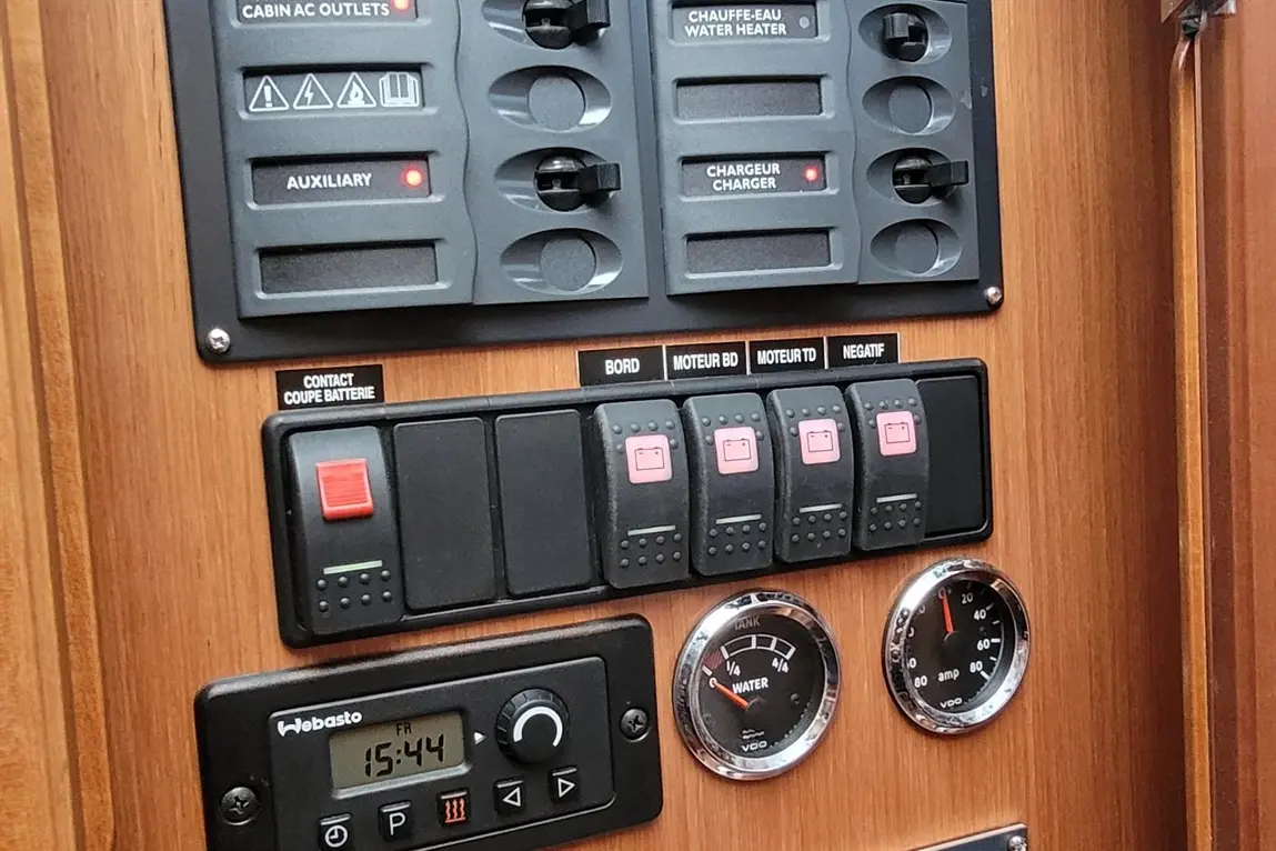 Control panel featuring switches for AC outlets, water heater, battery disconnect, and gauges for tank and amp readings.